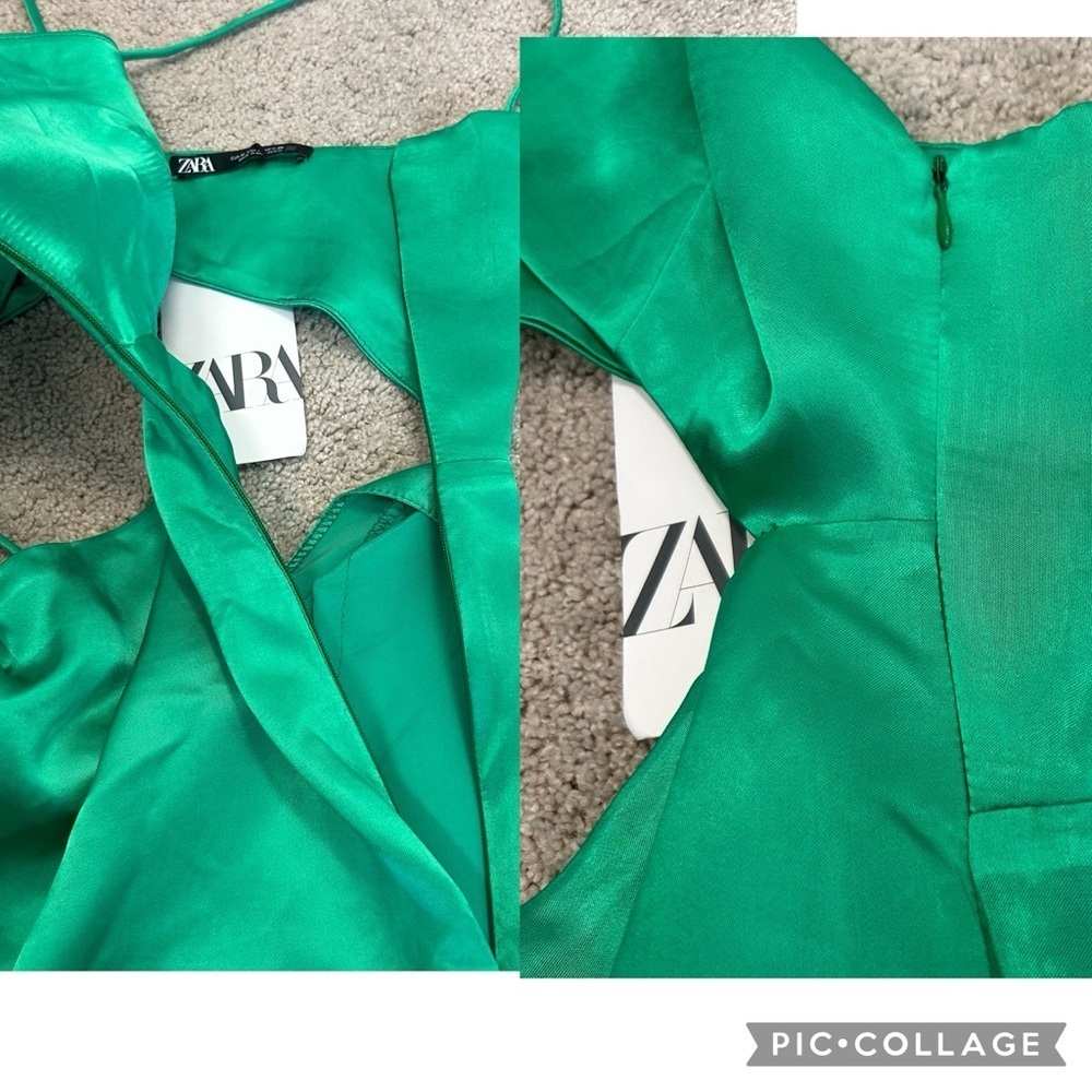 Zara green satin effect asymmetrical cut-out strappy crisscross slit midi dress - Picture 8 of 12